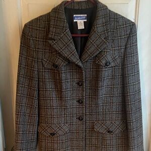 Pendleton Women's lambswool plaid Blazer gray with Black and tan stripes 10P